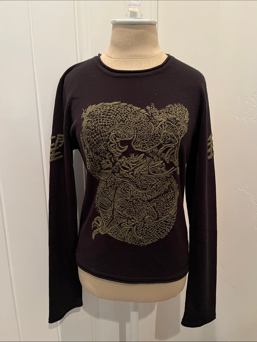 Sweet by miss me Black Long-Sleeve Women's Top with Olive Dragon Embroidery